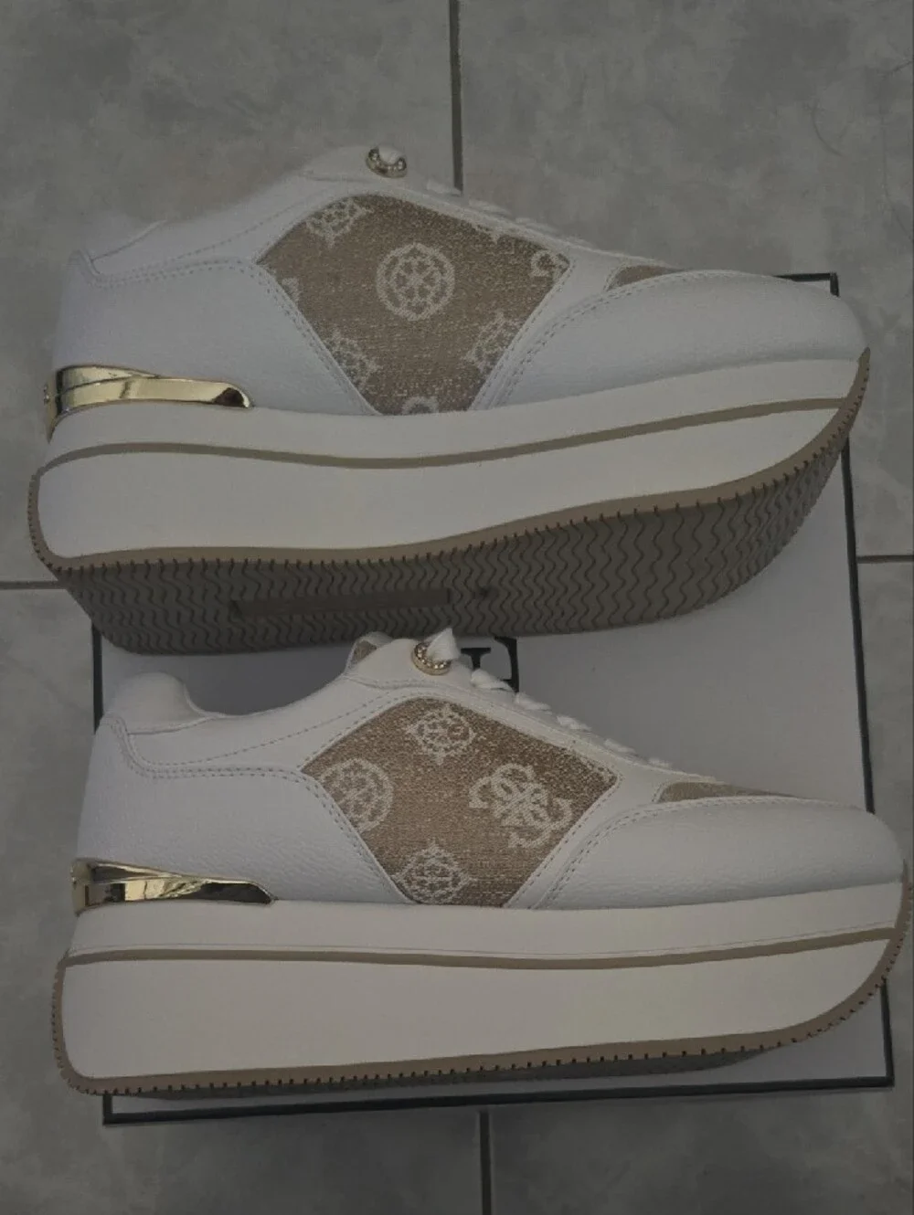Guess White and Beige Platform Sneakers, Size 9 Women